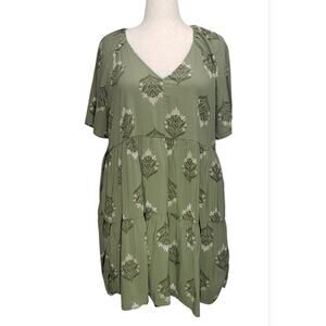 Old Navy XL Green Leaf Print Tiered Dress • V‑Neck • Flutter Sleeve